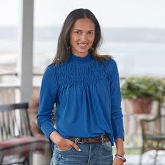 Sundance Gabrielle Dreamer Top Smocked Mock Neck Blue Long Sleeve Women Medium - Picture 1 of 11